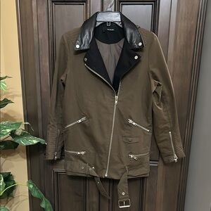 The Kooples kaki Cotton Blend Jacket with Black Leather Collar & Belt